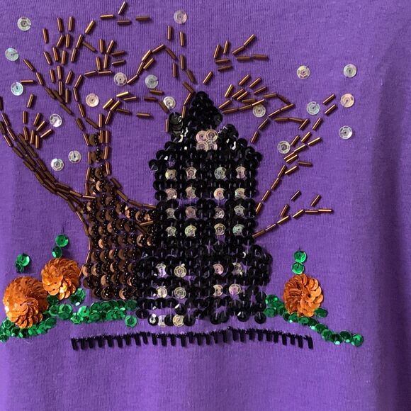 Women's Halloween T-Shirt LARGE Purple Haunted House Beaded Sequins Long Sleeve - Picture 3 of 16
